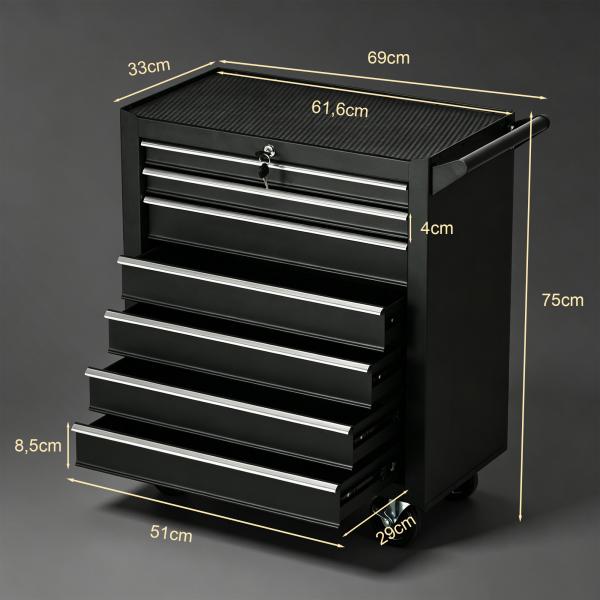 Carrinho de Ferramentas com 7 Gavetas Rodas Trava Armário de Armazenamento para Oficina de Garagem e Chapa de Aço 69x33x75 cm Preto
