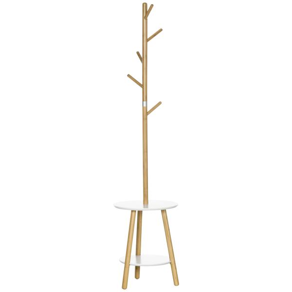 Cabide de Pé de Bambu 2 em 1 com 2 Prateleiras 5 Ganchos e Estrutura de Alumínio 39x5x39,5x71cm Madeira e Branco