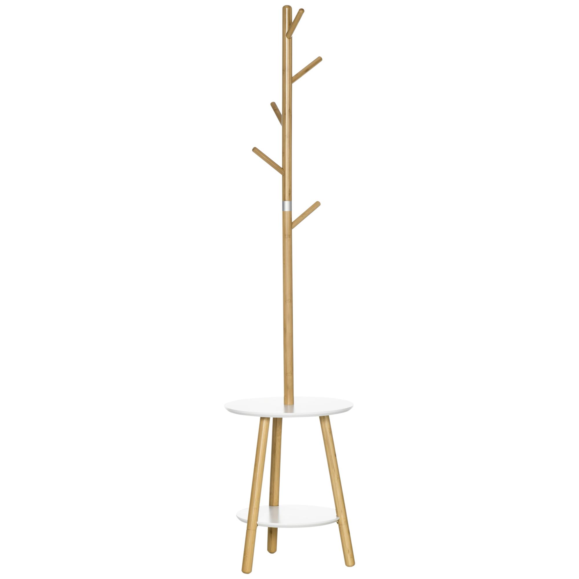 Cabide de Pé de Bambu 2 em 1 com 2 Prateleiras 5 Ganchos e Estrutura de Alumínio 39x5x39,5x71cm Madeira e Branco