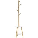 Cabide de Pé de Bambu 2 em 1 com 2 Prateleiras 5 Ganchos e Estrutura de Alumínio 39x5x39,5x71cm Madeira e Branco