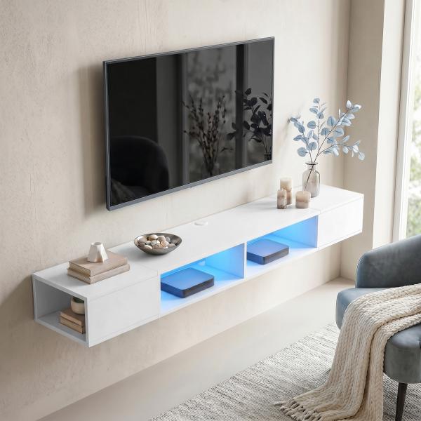 Móvel de TV Suspenso com Luzes LED e Estantes Abertas para Televisão até 75'' 177,8x30x18 cm Branco