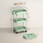 Carrinho Auxiliar com Rodas de 3 Níveis com Cestos Extraíveis Suporte para Toalhas e Estrutura de Metal 42x42,5x76 cm Verde