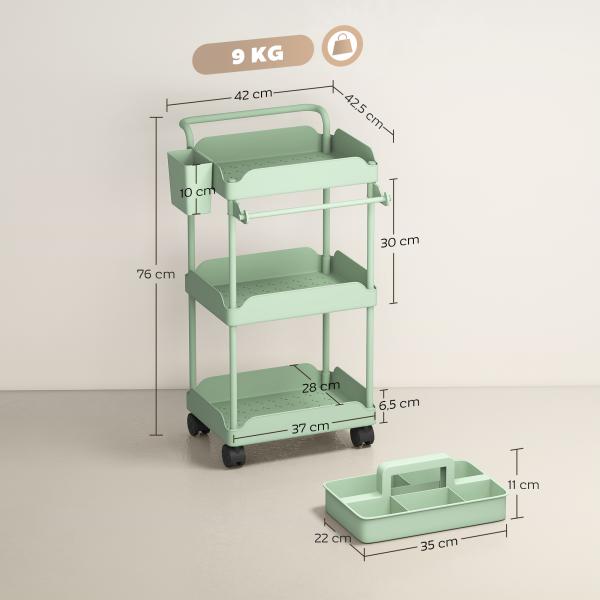 Carrinho Auxiliar com Rodas de 3 Níveis com Cestos Extraíveis Suporte para Toalhas e Estrutura de Metal 42x42,5x76 cm Verde