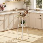 Mesa Alta de Cozinha Redonda com Prateleira de Armazenamento para 2 Pessoas com Estrutura de Metal 55x55x95 cm Madeira e Branco