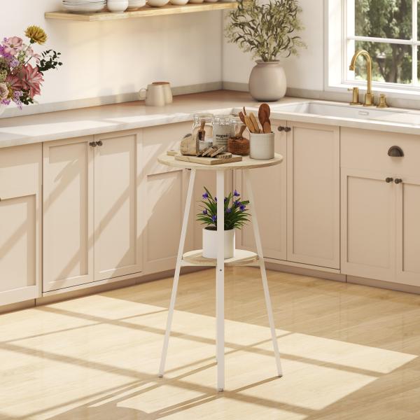 Mesa Alta de Cozinha Redonda com Prateleira de Armazenamento para 2 Pessoas com Estrutura de Metal 55x55x95 cm Madeira e Branco