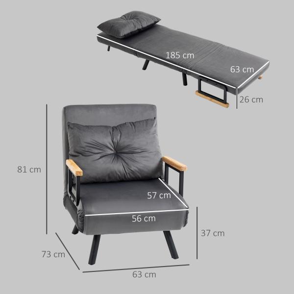Poltrona Convertível em Cama Poltrona 3 em 1 Convertível em Cama com Encosto Ajustável em 5 Níveis 63x73x81 cm Cinza