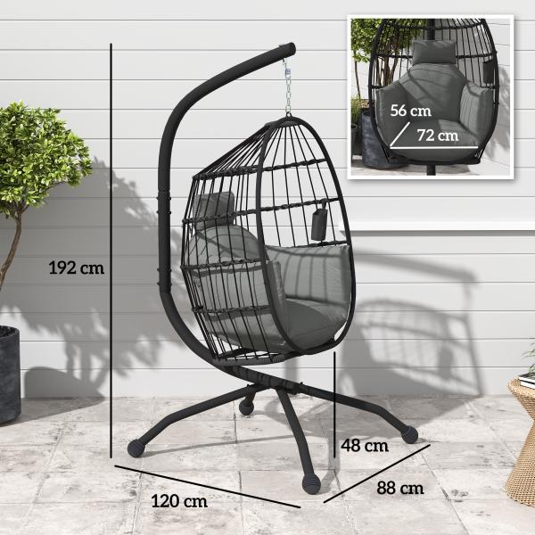 Cadeira Suspensa com Suporte Cadeira Baloiço de Jardim com Cesto Dobrável Almofada e Apoio para a Cabeça 120x88x192 cm Preto