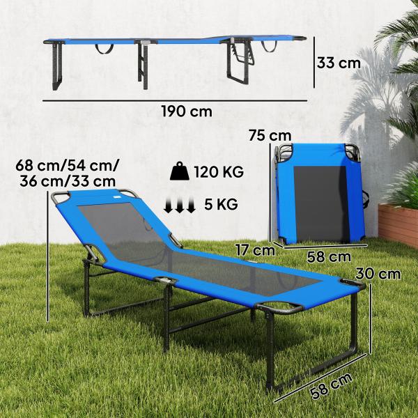 Espreguiçadeira Dobrável com Encosto Ajustável em 4 Posições, Alças e Encosto de Textilene Suporta até 120 kg 175x58x68 cm Azul