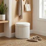Puff de Arrumação Banco de Arrumação Dobrável 35 L 38x38x38 cm Estofado em Veludo Baú de Arrumação Redondo Creme