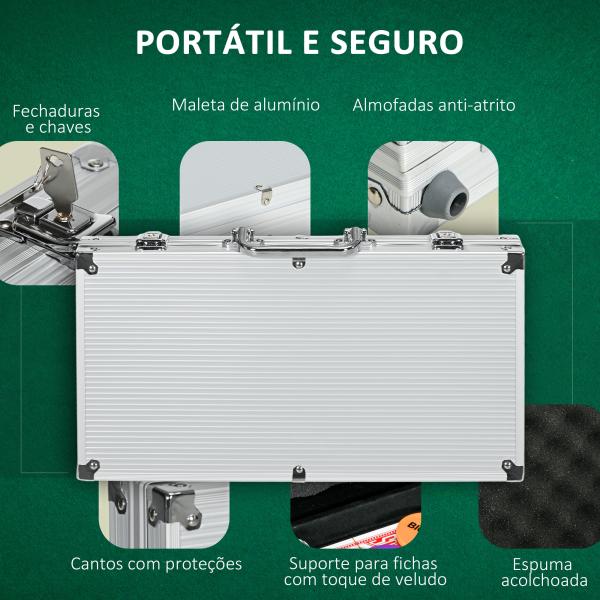 Conjunto de Póquer Profissional com 300 Fichas de 11,5 g 2 Baralhos de Cartas 5 Dados Tapete e Botão de Crupiê para 7 - 8 Jogadores com Fechadura Prata