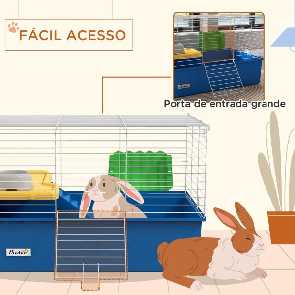 Gaiola para Visons com Bandeja Gaiola para Animais Pequenos com Plataforma Rampa Comedouro e Bebedouro 71x46x47 cm Branco e Azul