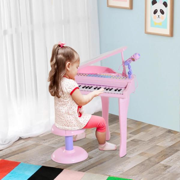 Piano para Crianças com 37 Teclas Microfone Banco Luzes 22 Músicas e Entrada para MP3 e USB 48x39x69 cm Rosa
