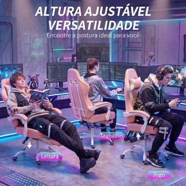 Cadeira Gaming Reclinável 155° com Suporte Lombar com Massagem Apoio de Cabeça e Apoio para os Pés 63x66x126 - 134 cm Rosa