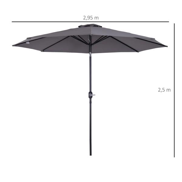 Chapéu de Sol de Jardim Ø295x250cm com Manivela Chapéu de Sol Exterior com Mecanismo de Inclinação e Mastro Desmontável de Metal para Terraço Piscina Pátio Cinza Escuro