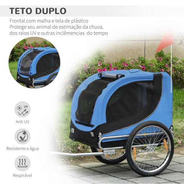 Reboque de Bicicleta para Cães Reboque de Bicicleta para Animais de Estimação com Bandeira Reflectores 130x73x90cm Azul