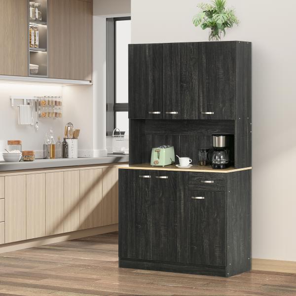 Armário de Cozinha Aparador de Sala de Jantar com 1 Gaveta 6 Portas e Prateleiras Ajustáveis Estilo Moderno 101x39x180 cm Preto e Madeira