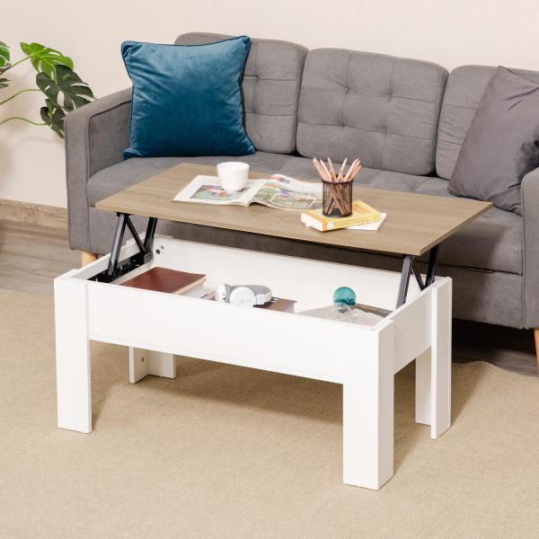 Mesa de Centro com Bancada Elevatória Compartimento Aberto e Oculto 100x50x45 - 58,5 cm Branco e Madeira