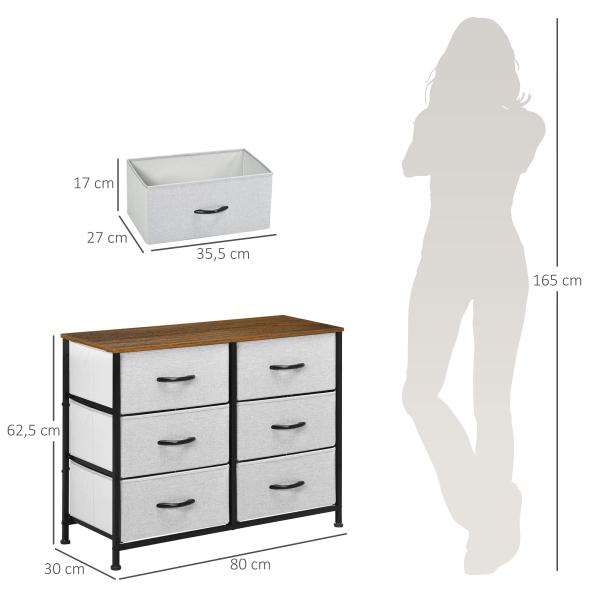 Cómoda Estilo Industrial Cómoda com 6 Gavetas de Tecido Dobrável com Pés com Almofadas Ajustáveis 80x30x62,5 cm Cinza e Marrom