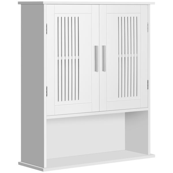 Armário de Parede Casa de Banho com Armazenamento 2 Portas em Ripas Prateleira Ajustável e Compartimento 60x20x70 cm Branco