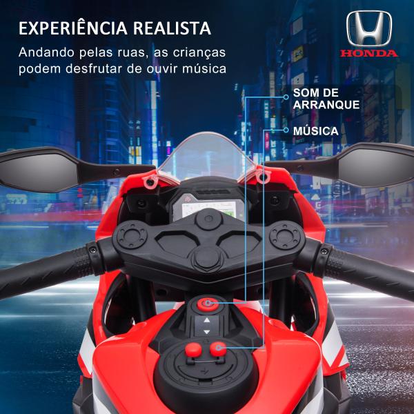 Mota Elétrica com Licença HONDA para Crianças de 3 - 5 Anos Mota a Bateria 6V com Farol Buzina Música 90x44x52cm Vermelho