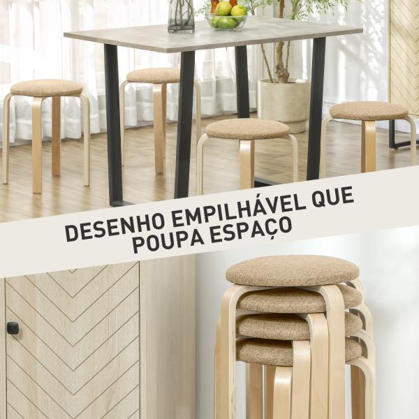Conjunto de 4 Bancos Empilháveis Redondos Bancos Baixos de Cozinha com Assento Acolchoado Ø40x45 cm Caqui e Madeira