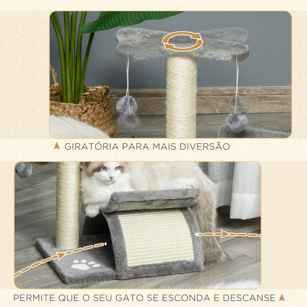 Árvore Arranhador para Gatos Pequena com Poste Giratório Bolas Suspensas Plataforma Curva e Esconderijo 40x30x43 cm Cinza