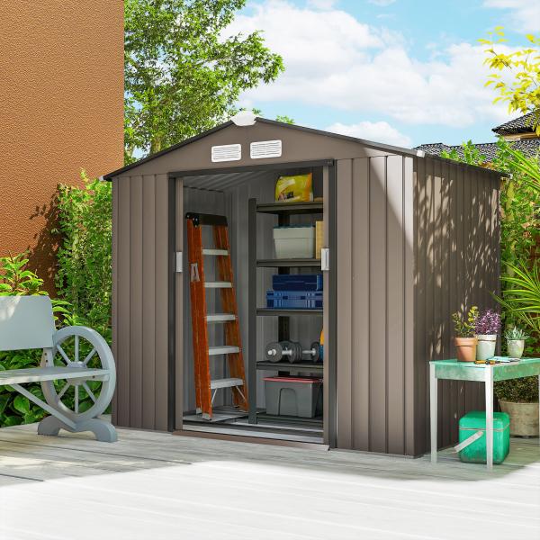 Abrigo de Jardim 213x130x185 cm Abrigo de Jardim Metálico de Exterior com 2 Portas Deslizantes e 4 Janelas Marrom