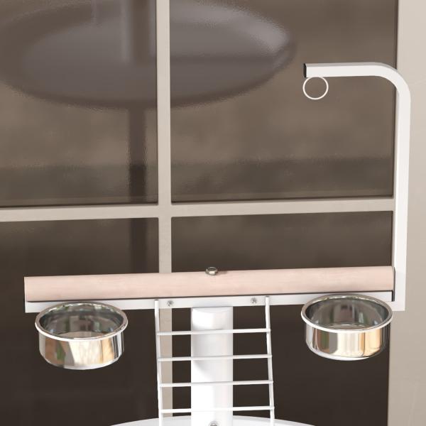 Comedouro para Pássaros em Pé Ø60x138 cm com 4 Rodas 2 Recipientes de Aço Inoxidável e 2 Poleiros Branco