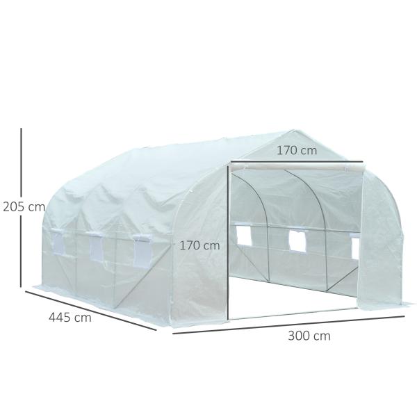 Estufa Tipo Túnel 445x299x200cm com Porta Enrolável 6 Janelas Estufa para Cultivo de Plantas Verduras Branco