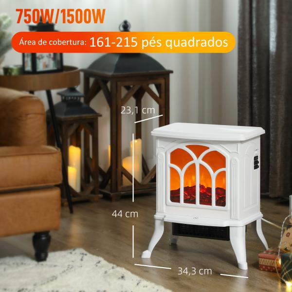 Lareira Elétrica 750/1500 W Lareira Decorativa com 2 Níveis de Potência Efeito Chama Área de Cobertura 15 - 20 m² 37,3x23,1x44 cm Branco