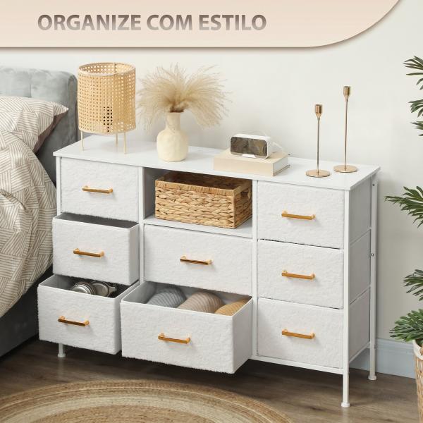 Cómoda com 8 Gavetas Estofada em Borreguito com Estação de Carga Porta USB Tipo - C e Estrutura de Aço 110x30x76 cmCreme