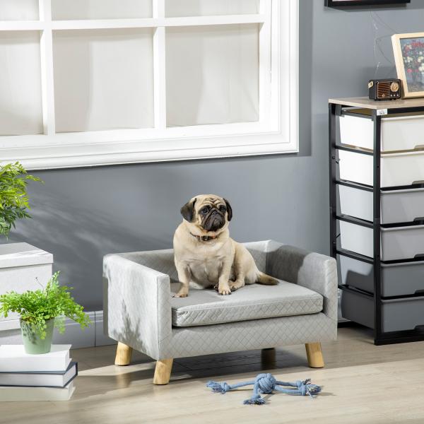 Sofá para Cães Pequenos 64x45x36 cm em Veludo com Almofada Lavável e Pés em Madeira de Bétula Cinzento Escuro