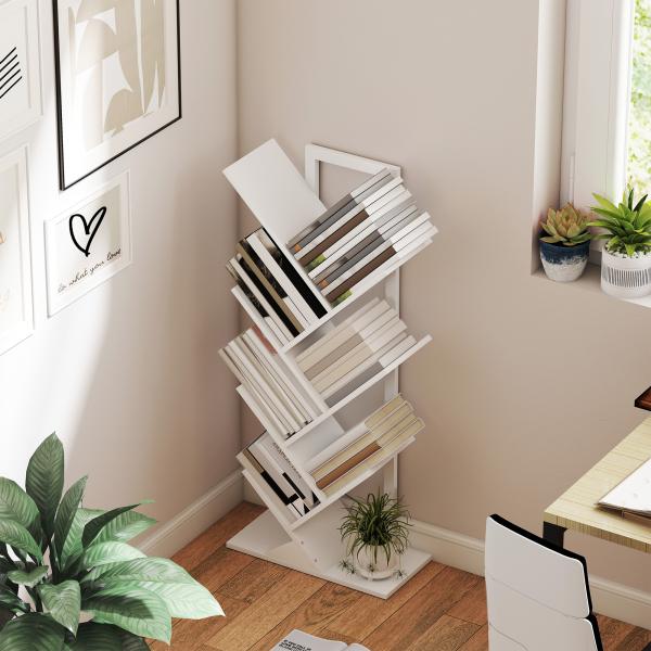 Estante em Forma de Árvore de 7 Níveis Estante de Livros com 7 Prateleiras e Estrutura de Aço 50x24x109 cm Branco