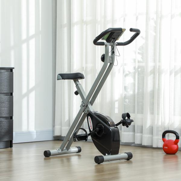 Bicicleta Estática Dobrável Silenciosa com 8 Níveis de Resistência, Monitor LCD, Assento Ajustável e Rodas, Cinzento