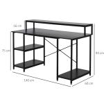 Mesa para Computador com Prateleiras Pés Ajustáveis ​​Moldura de Metal 140x60x93 cm