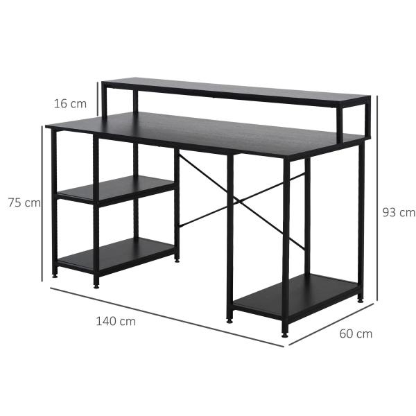 Mesa para Computador com Prateleiras Pés Ajustáveis ​​Moldura de Metal 140x60x93 cm