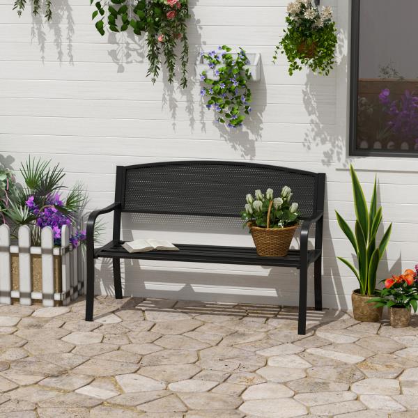 Banco de Jardim de 2 Lugares Banco de Exterior com Encosto de Malha de Aço para Pátio Varanda 127x60x87 cm Preto