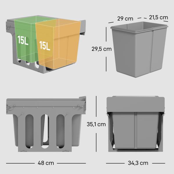 Balde de Lixo Embitido com 2 Recipientes Removíveis para Reciclagem Capacidade Total 30L (15Lx2) 48x34,3x35,1 cm Cinzento Claro