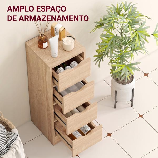 Armário de Casa de Banho Estreito com 4 Gavetas e Puxadores com Ranhuras, 29x29x83 cm, Madeira Natural