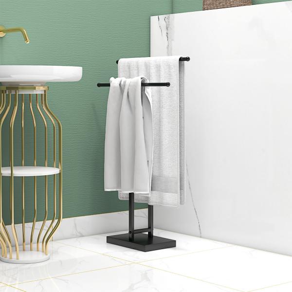 Toalheiro de Pé de Metal Escada para Casa de Banho com 2 Barras em Forma de T Design Moderno 50x18,5x85 cm Preto