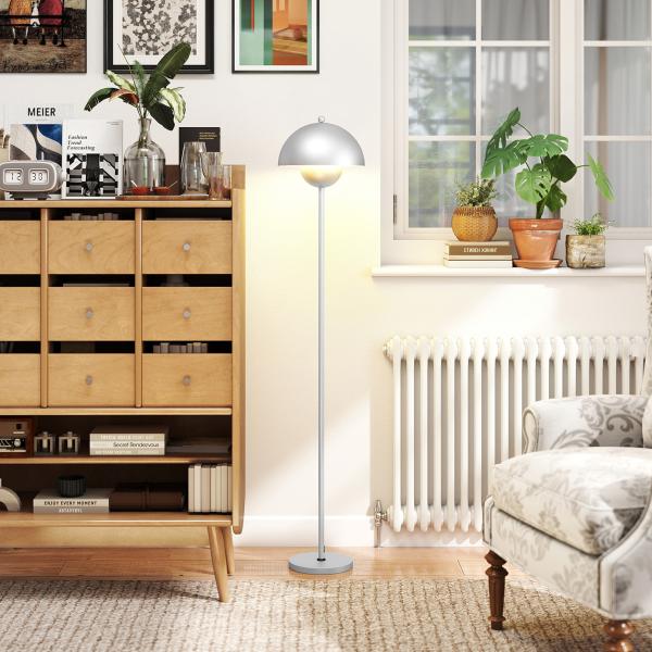 Candeeiro de Pé Moderno com Ecrã em Forma de Taça Refletora de Luz Interruptor de Pé Suporte E27 sem Lâmpada Ø35x155 cm Prata