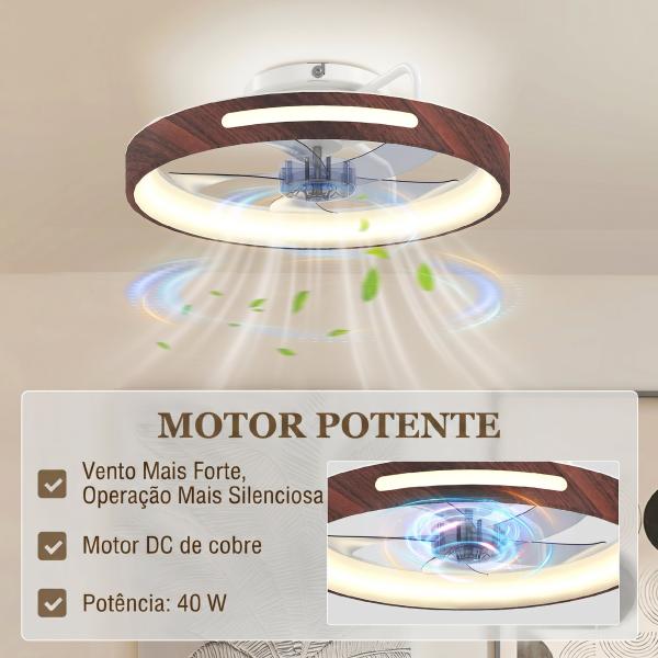 Ventilador de Teto com Luz LED 40 W Motor DC Reversível Comando à Distância 6 Velocidades 3 Cores Temporizador Teca