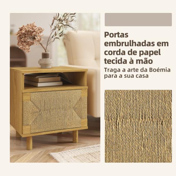 Mesa de Cabeceira Estilo Bohémio com Porta de Corda de Papel Prateleira Aberta e Abertura por Pressão 45x39x50 cm Carvalho