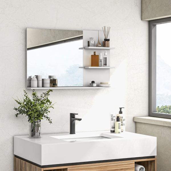 Espelho de Casa de Banho de Parede com 2 Prateleiras Laterais e Prateleira Inferior 75x10x48 cm Branco
