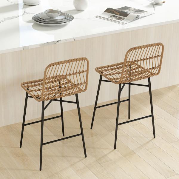 Conjunto de 2 Bancos Altos de Cozinha Bancos de Bar com Encosto e Assento em Vime Sintético 43x56x101 cm Marrom Claro