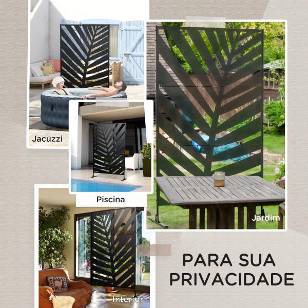 Biombo de 3 Peças Separador de Ambientes com Desenho de Folha de Bananeira Biombo para Exterior 122x45x198 cm Preto