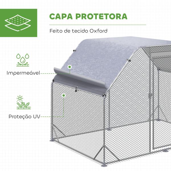 Galinheiro para Exterior Grande de Aço Galvanizado 280x190x195 cm Gaiola para Galinhas com Cobertura de Tecido Oxford Prata