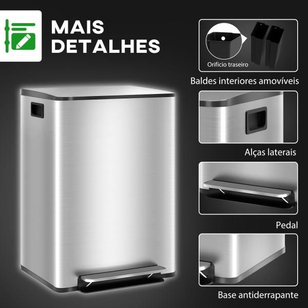 Balde de Lixo de Cozinha com 2 Compartimentos 2x30L Pedal Fechamento Suave e Cubo Amovível Prata