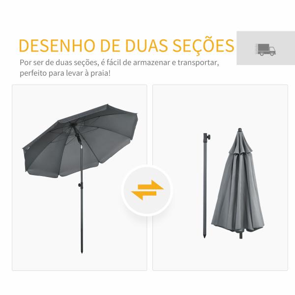 Chapéu de Sol de Praia Grande Ø180 cm Chapéu de Sol de Exterior com Ângulo Ajustável Proteção UV50+ Mastro de Ø32 mm Cinza