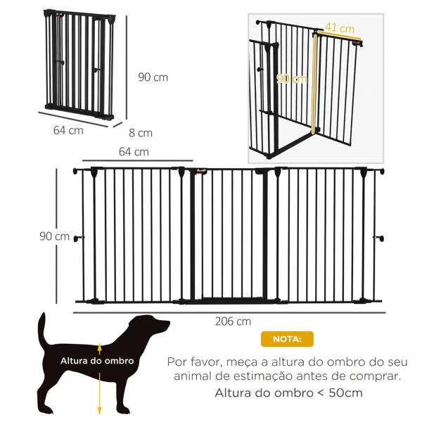 Barreira para Cães de Aço Barreira de Segurança para Animais de Estimação Dobrável de 3 Painéis Duplo Fechamento 206x90 cm Preto